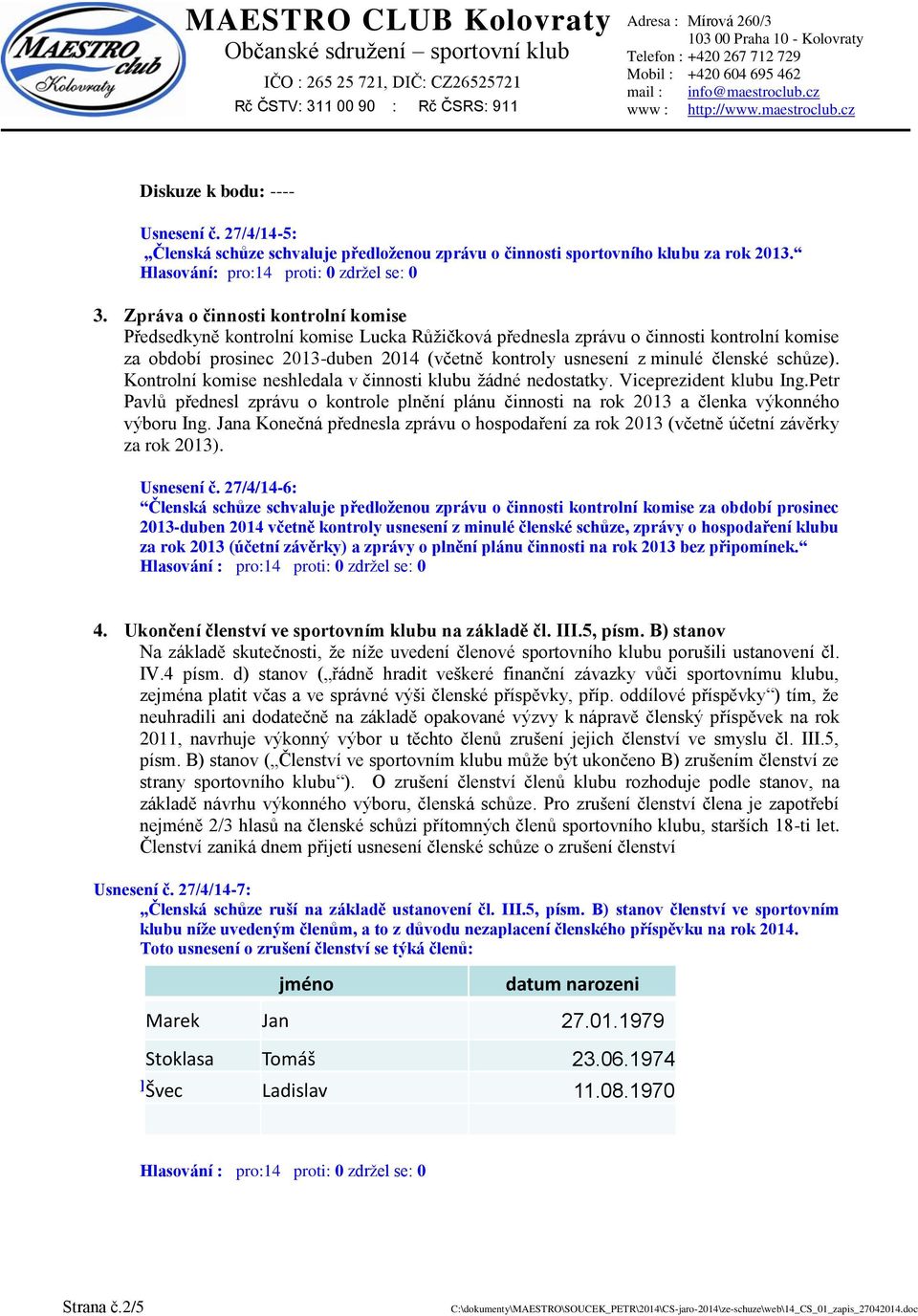 členské schůze). Kontrolní komise neshledala v činnosti klubu žádné nedostatky. Viceprezident klubu Ing.