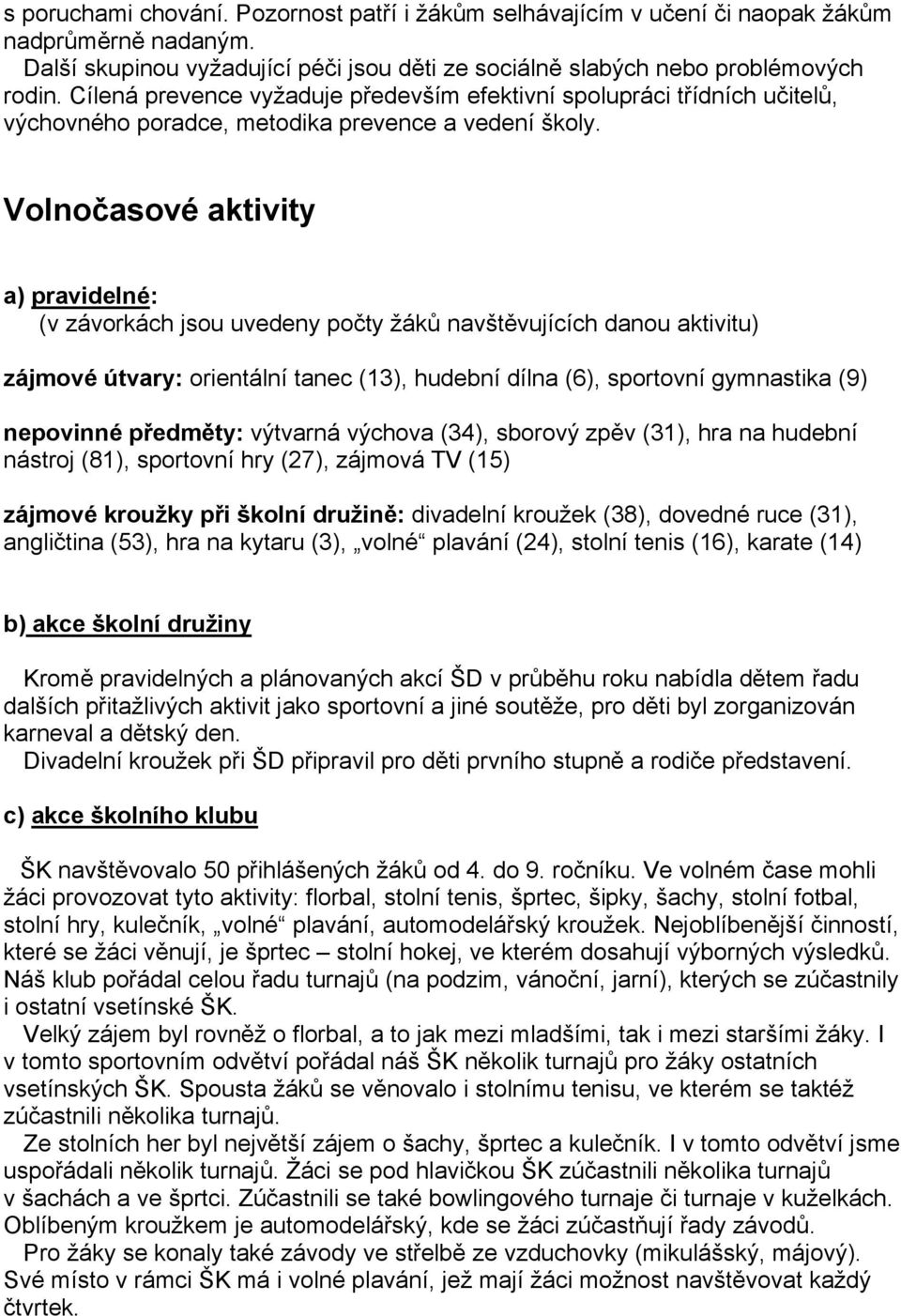 Volnočasové aktivity a) pravidelné: (v závorkách jsou uvedeny počty žáků navštěvujících danou aktivitu) zájmové útvary: orientální tanec (13), hudební dílna (6), sportovní gymnastika (9) nepovinné