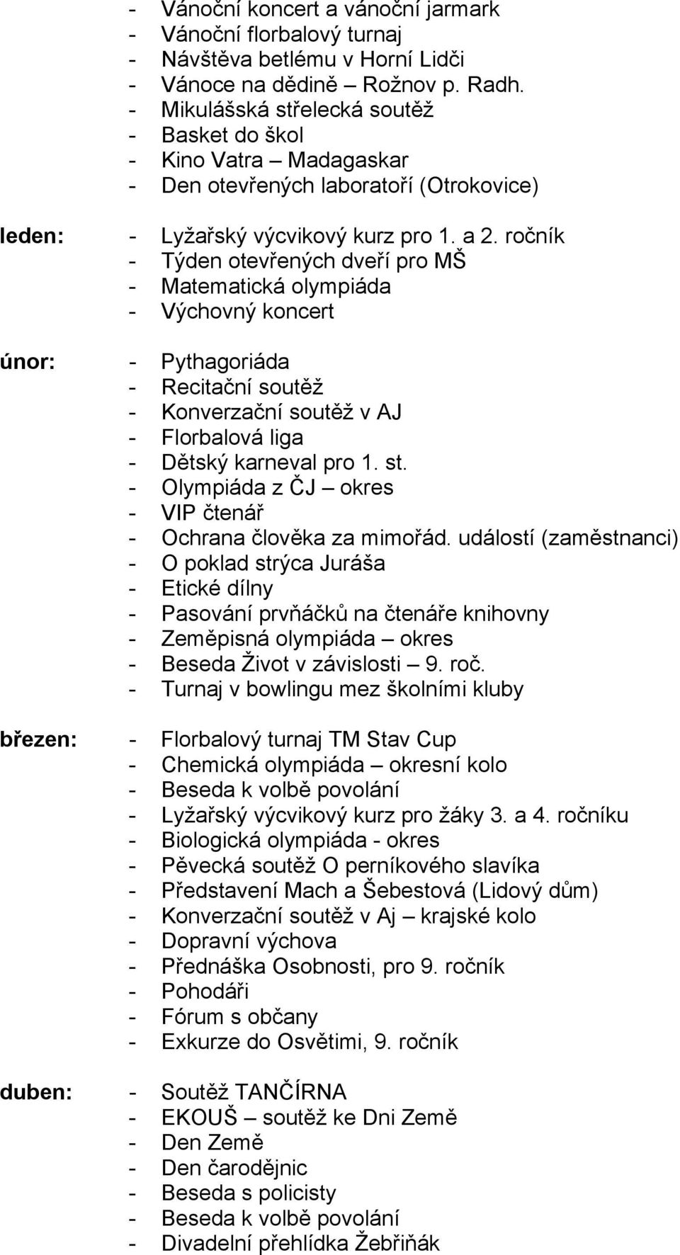 ročník - Týden otevřených dveří pro MŠ - Matematická olympiáda - Výchovný koncert únor: - Pythagoriáda - Recitační soutěž - Konverzační soutěž v AJ - Florbalová liga - Dětský karneval pro 1. st.