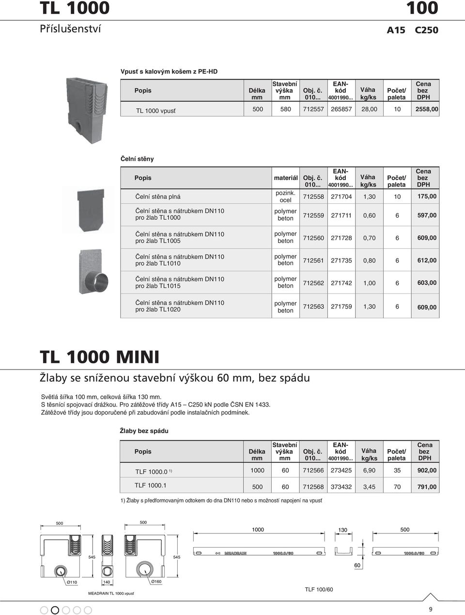 pro žlab TL1010 Čelní stěna s nátrubkem DN110 pro žlab TL1015 polymer beton polymer beton polymer beton 712560 271728 0,70 6 609,00 712561 271735 0,80 6 612,00 712562 271742 1,00 6 603,00 Čelní stěna