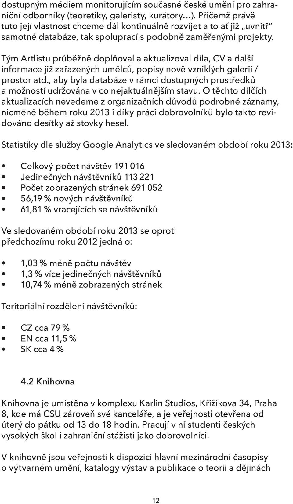 Tým Artlistu průběžně doplňoval a aktualizoval díla, CV a další informace již zařazených umělců, popisy nově vzniklých galerií / prostor atd.