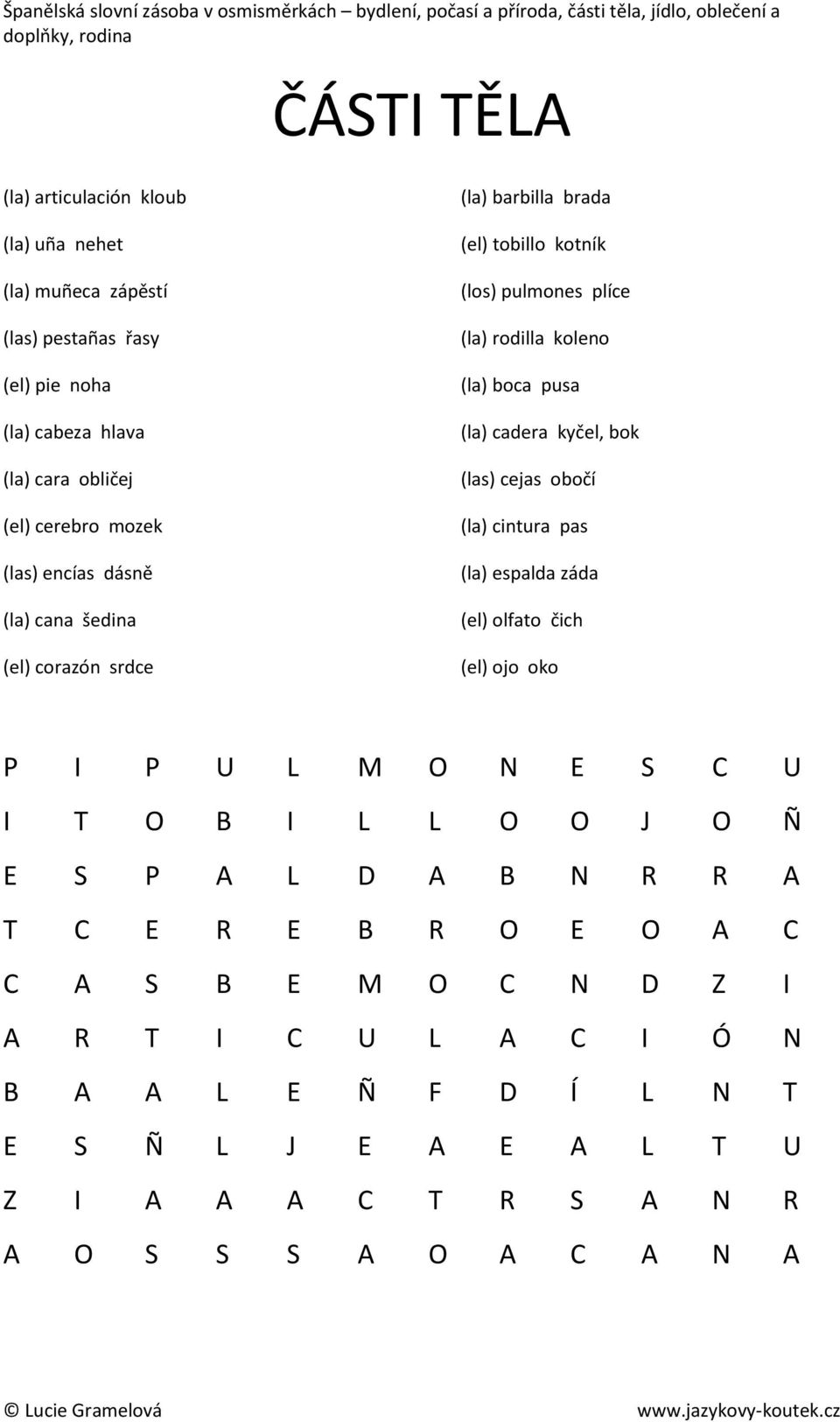 kyčel, bok (las) cejas obočí (la) cintura pas (la) espalda záda (el) olfato čich (el) ojo oko P I P U L M O N E S C U I T O B I L L O O J O Ñ E S P A L D A B N R R