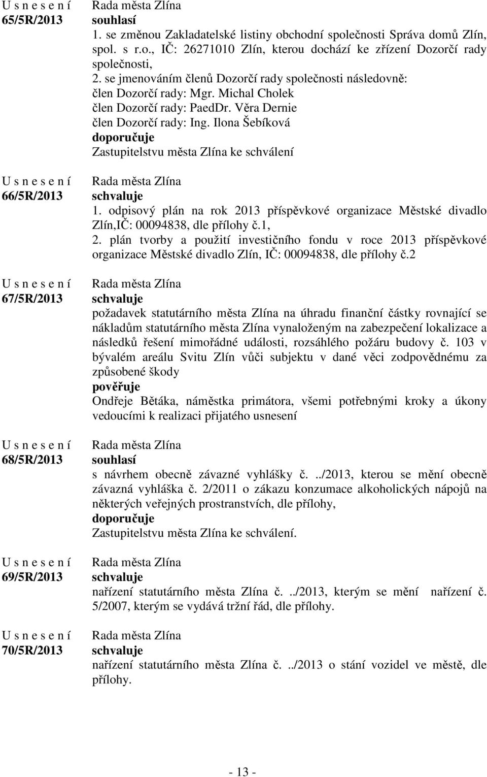 Ilona Šebíková Zastupitelstvu města Zlína ke schválení 1. odpisový plán na rok 2013 příspěvkové organizace Městské divadlo Zlín,IČ: 00094838, dle přílohy č.1, 2.