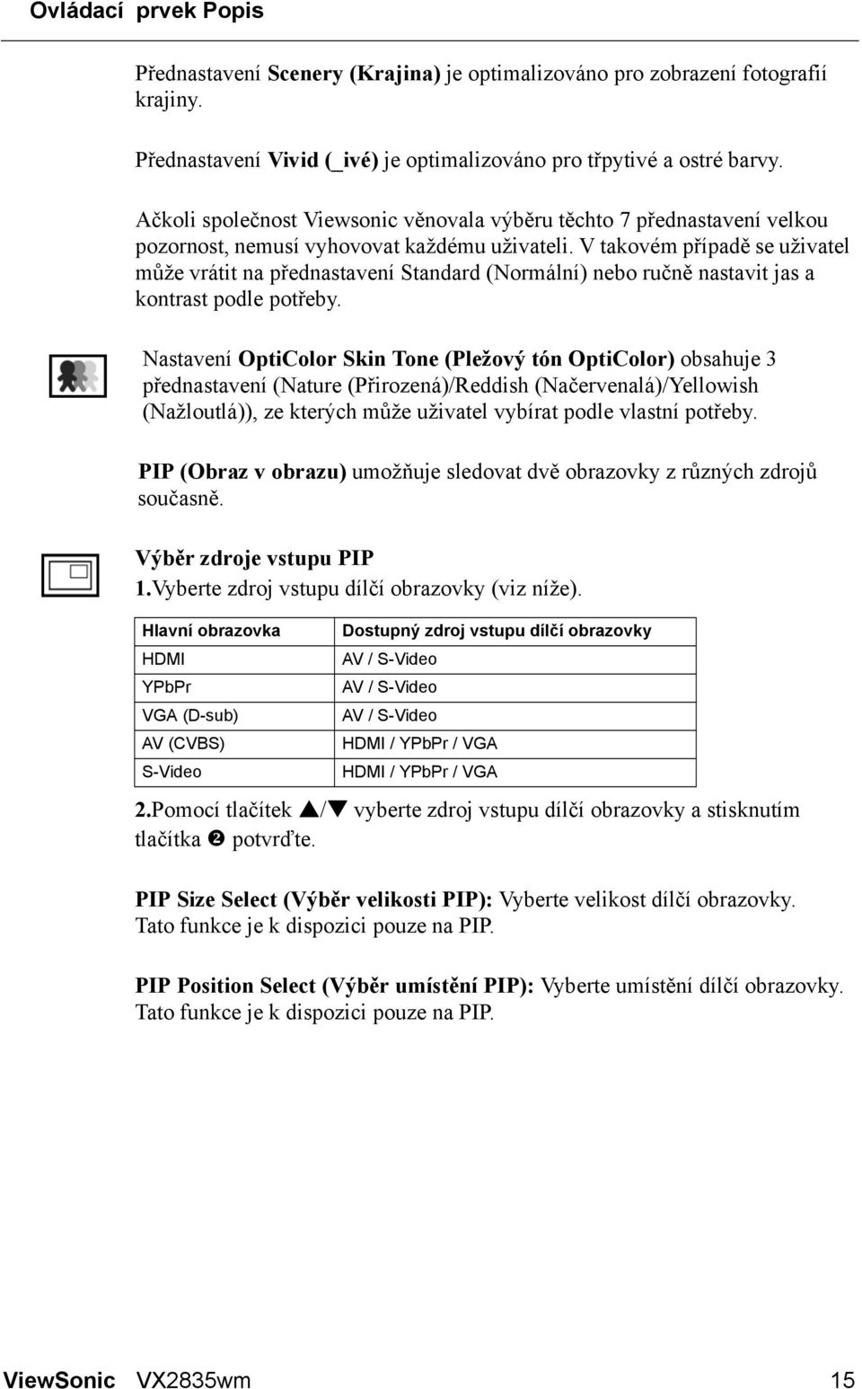 V takovém případě se uživatel může vrátit na přednastavení Standard (Normální) nebo ručně nastavit jas a kontrast podle potřeby.