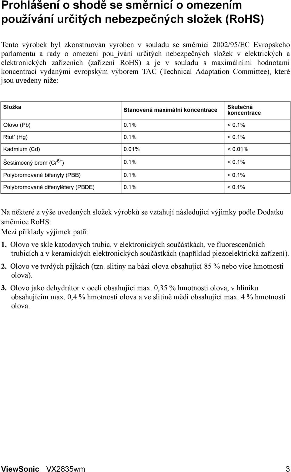 Adaptation Committee), které jsou uvedeny níže: Složka Stanovená maximální koncentrace Skutečná koncentrace Olovo (Pb) 0.1% < 0.1% Rtut (Hg) 0.1% < 0.1% Kadmium (Cd) 0.01% < 0.