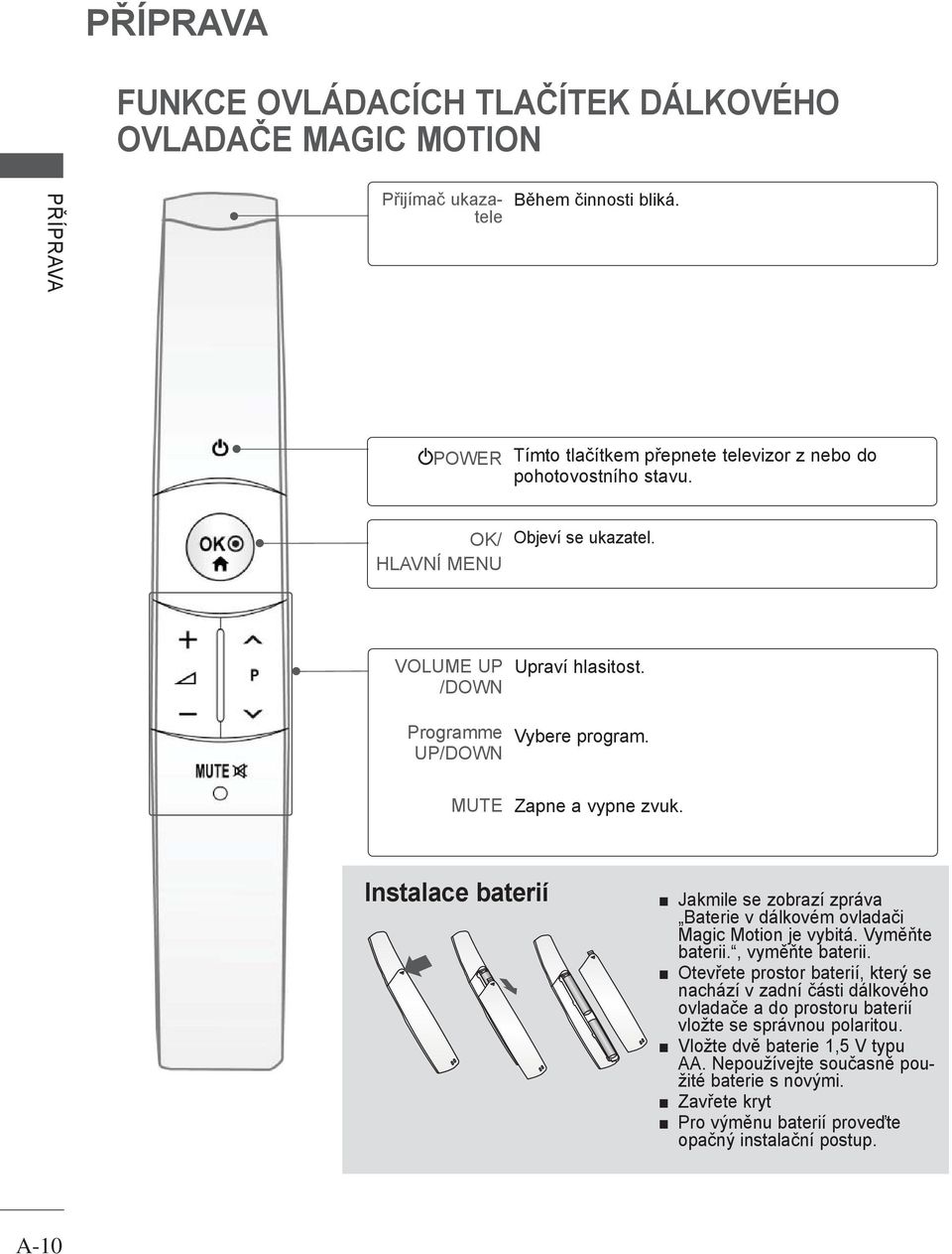 MUTE Zapne a vypne zvuk. Instalace baterií Jakmile se zobrazí zpráva Baterie v dálkovém ovladači Magic Motion je vybitá. Vyměňte baterii., vyměňte baterii.