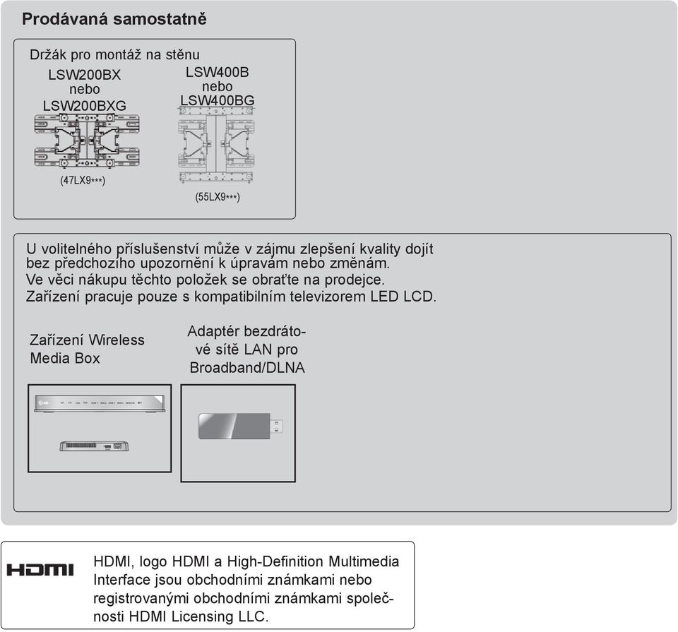 Ve věci nákupu těchto položek se obraťte na prodejce. Zařízení pracuje pouze s kompatibilním televizorem LED LCD.