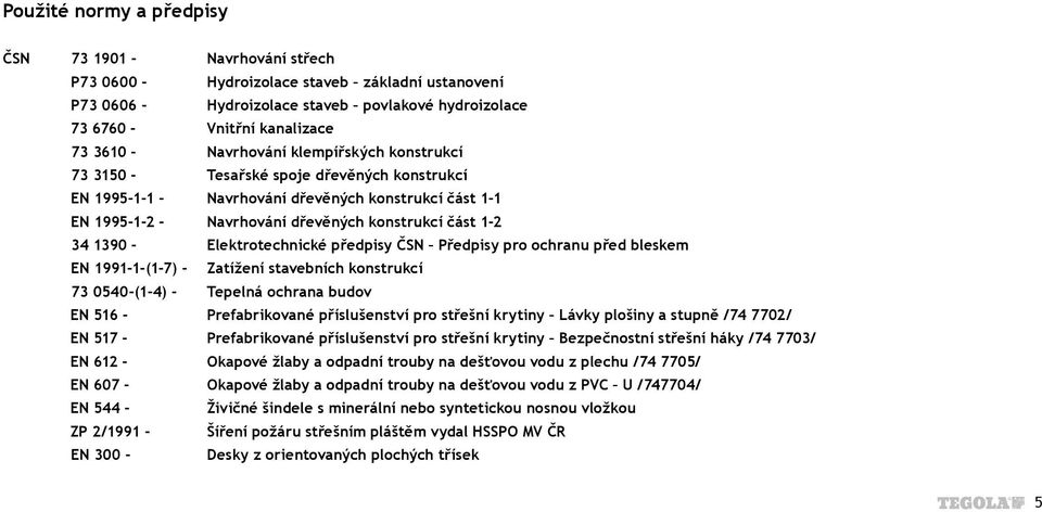 1390 - Elektrotechnické předpisy ČSN Předpisy pro ochranu před bleskem EN 1991-1-(1-7) - Zatížení stavebních konstrukcí 73 0540-(1-4) - Tepelná ochrana budov EN 516 - Prefabrikované příslušenství pro