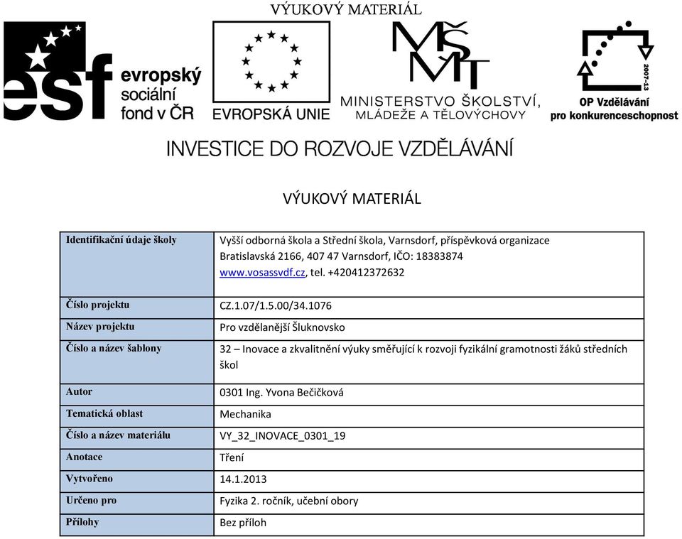 1076 Pro vzdělanější Šluknovsko 32 Inovace a zkvalitnění výuky směřující k rozvoji fyzikální gramotnosti žáků středních škol Autor 0301 Ing.