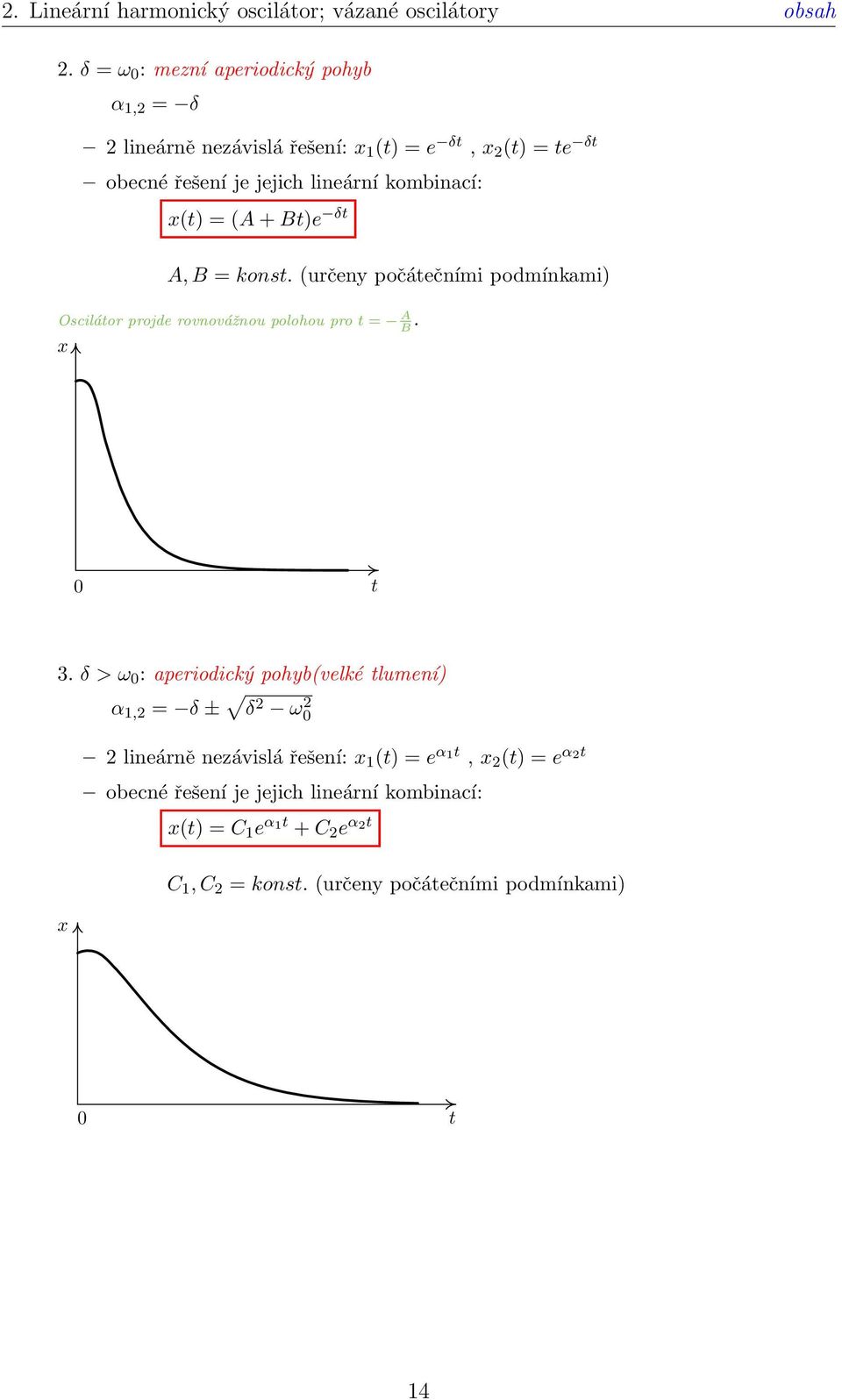x(t) = (A + Bt)e δt A, B = konst. (určeny počátečními podmínkami) Oscilátor projde rovnovážnou polohou pro t = A. B x 0 t 3.
