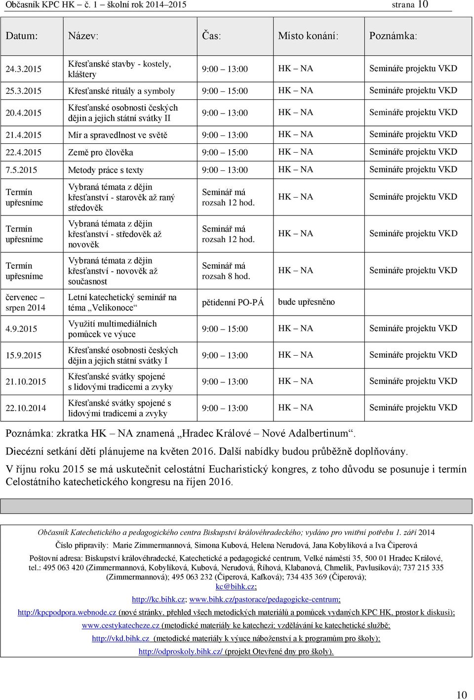 5.2015 Metody práce s texty 9:00 13:00 HK NA Semináře projektu VKD Termín upřesníme Termín upřesníme Termín upřesníme červenec srpen 2014 4.9.2015 15.9.2015 21.10.