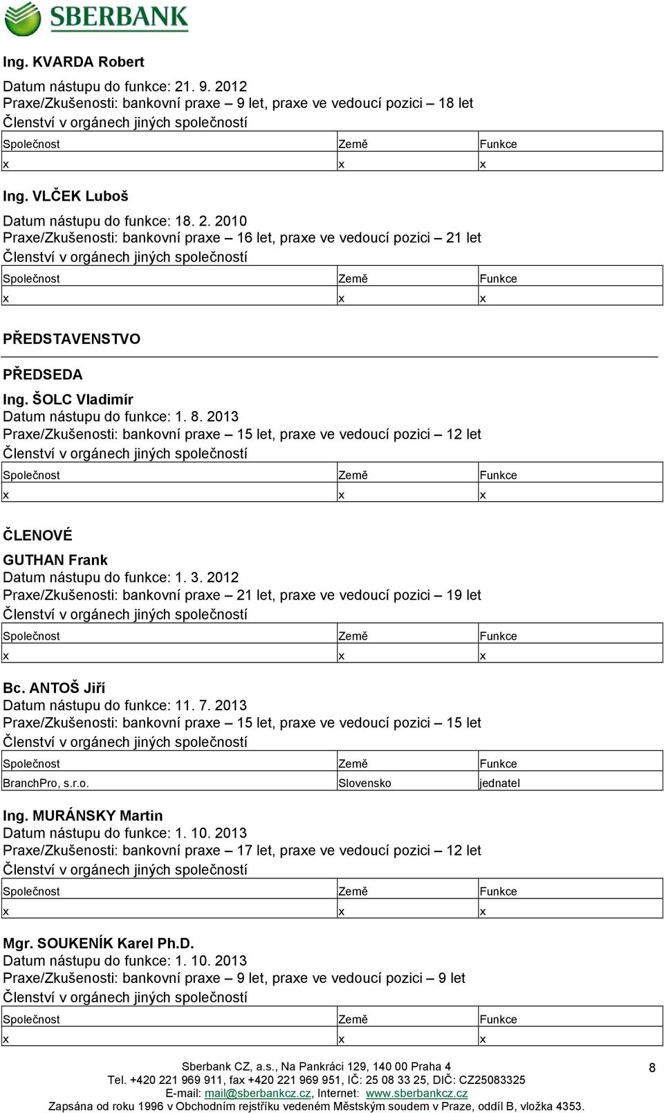 2010 Praxe/Zkušenosti: bankovní praxe 16 let, praxe ve vedoucí pozici 21 let Členství v orgánech jiných společností Společnost Země Funkce x x x PŘEDSTAVENSTVO PŘEDSEDA Ing.