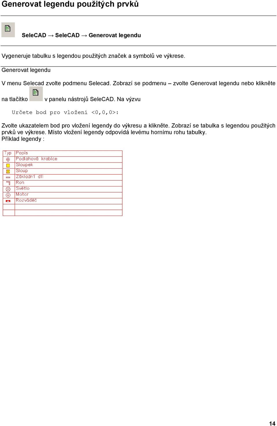 Zobrazí se podmenu zvolte Generovat legendu nebo klikněte na tlačítko v panelu nástrojů SeleCAD.