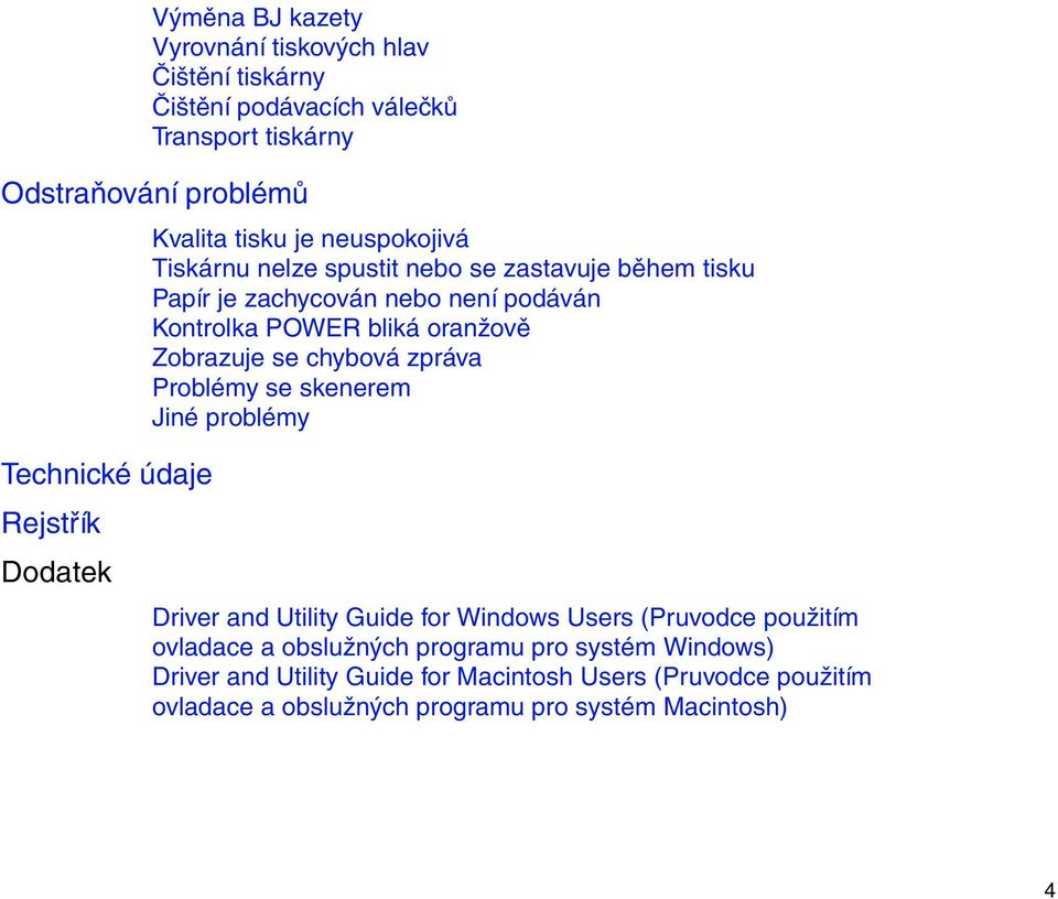 oranžově Zobrazuje se chybová zpráva Problémy se skenerem Jiné problémy Driver and Utility Guide for Windows Users (Pruvodce použitím ovladace a