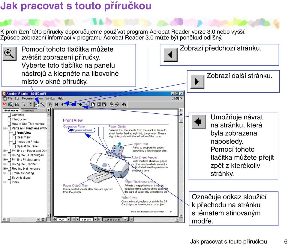 Vyberte toto tlačítko na panelu nástrojů a klepněte na libovolné místo v okně příručky. Zobrazí předchozí stránku. Zobrazí další stránku.