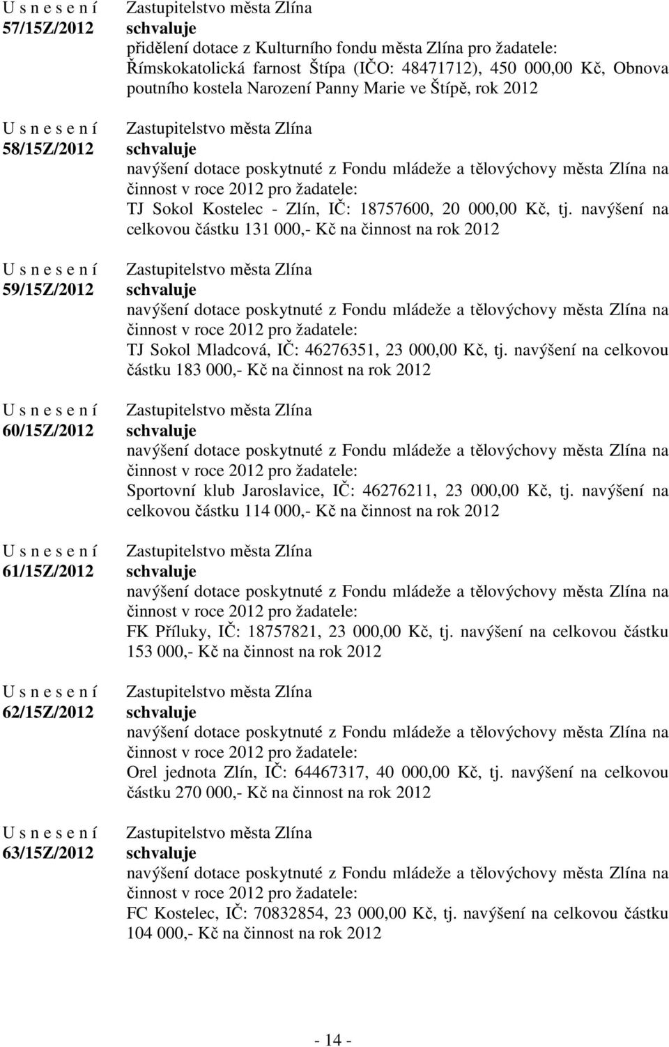 - Zlín, IČ: 18757600, 20 000,00 Kč, tj.