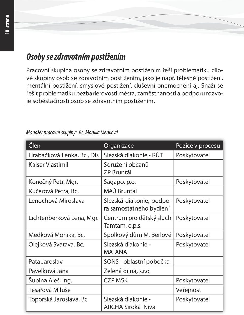 Snaží se řešit problematiku bezbariérovosti města, zaměstnanosti a podporu rozvoje soběstačnosti osob se zdravotním postižením. Manažer pracovní skupiny: Bc.