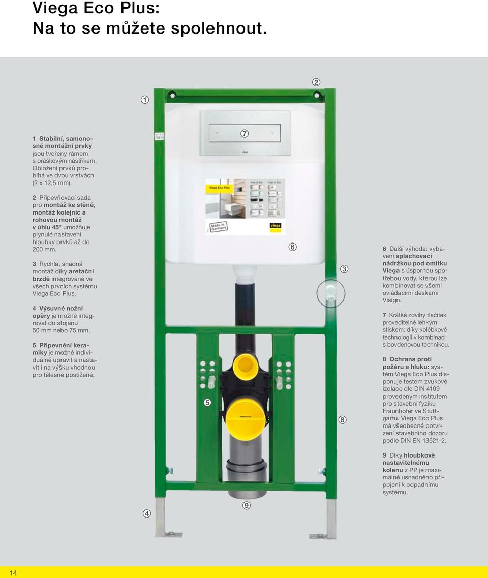 3 Rychlá, snadná montáž díky aretační brzdě integrované ve všech prvcích systému Viega Eco Plus. 4 Výsuvné nožní opěry je možné integrovat do stojanu 50 mm nebo 75 mm.