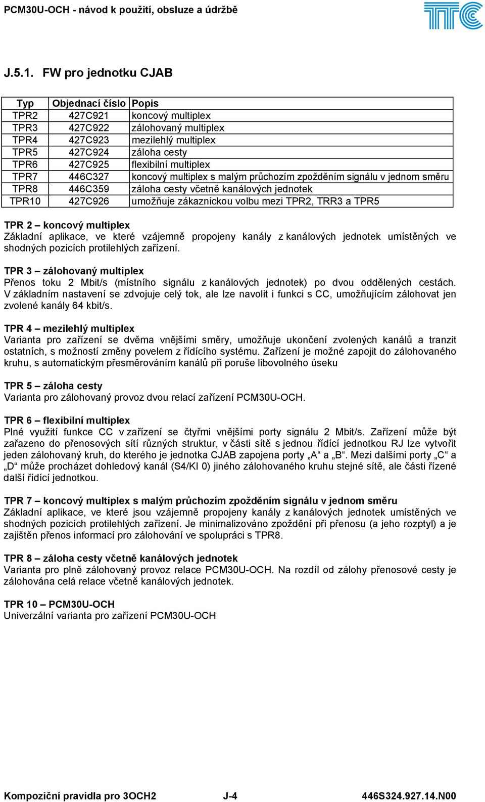 multiplex TPR7 446C327 koncový multiplex s malým průchozím zpožděním signálu v jednom směru TPR8 446C359 záloha cesty včetně kanálových jednotek TPR10 427C926 umožňuje zákaznickou volbu mezi TPR2,