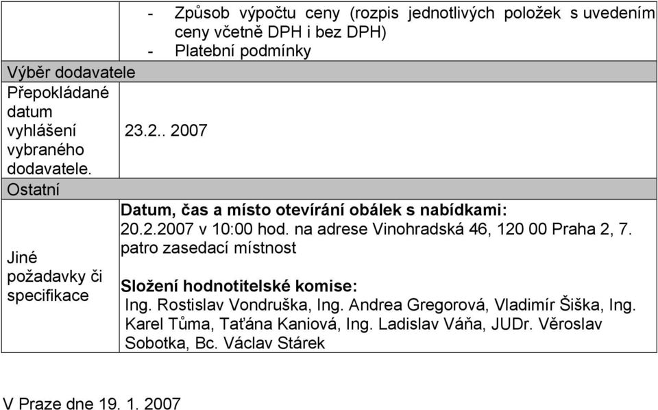 na adrese Vinohradská 46, 120 00 Praha 2, 7. patro zasedací místnost Složení hodnotitelské komise: Ing. Rostislav Vondruška, Ing.