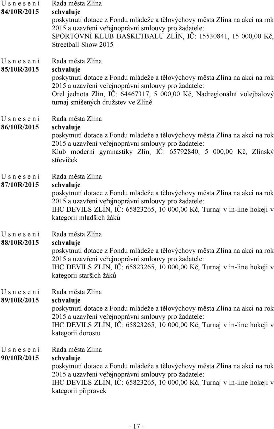 ZLÍN, IČ: 65823265, 10 000,00 Kč, Turnaj v in-line hokeji v kategorii mladších žáků IHC DEVILS ZLÍN, IČ: 65823265, 10 000,00 Kč, Turnaj v in-line hokeji v kategorii starších žáků