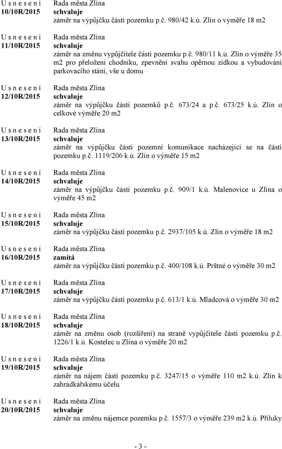 Zlín o výměře 35 m2 pro přeložení chodníku, zpevnění svahu opěrnou zídkou a vybudování parkovacího stání, vše u domu záměr na výpůjčku částí pozemků p.č. 673/24 a p.č. 673/25 k.ú.