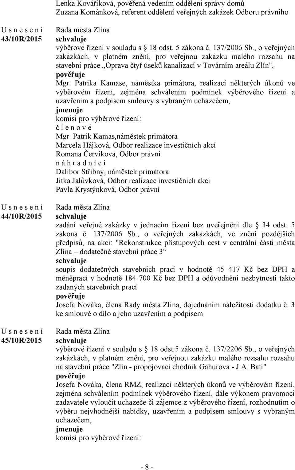 Patrika Kamase, náměstka primátora, realizací některých úkonů ve výběrovém řízení, zejména schválením podmínek výběrového řízení a uzavřením a podpisem smlouvy s vybraným uchazečem, jmenuje komisi