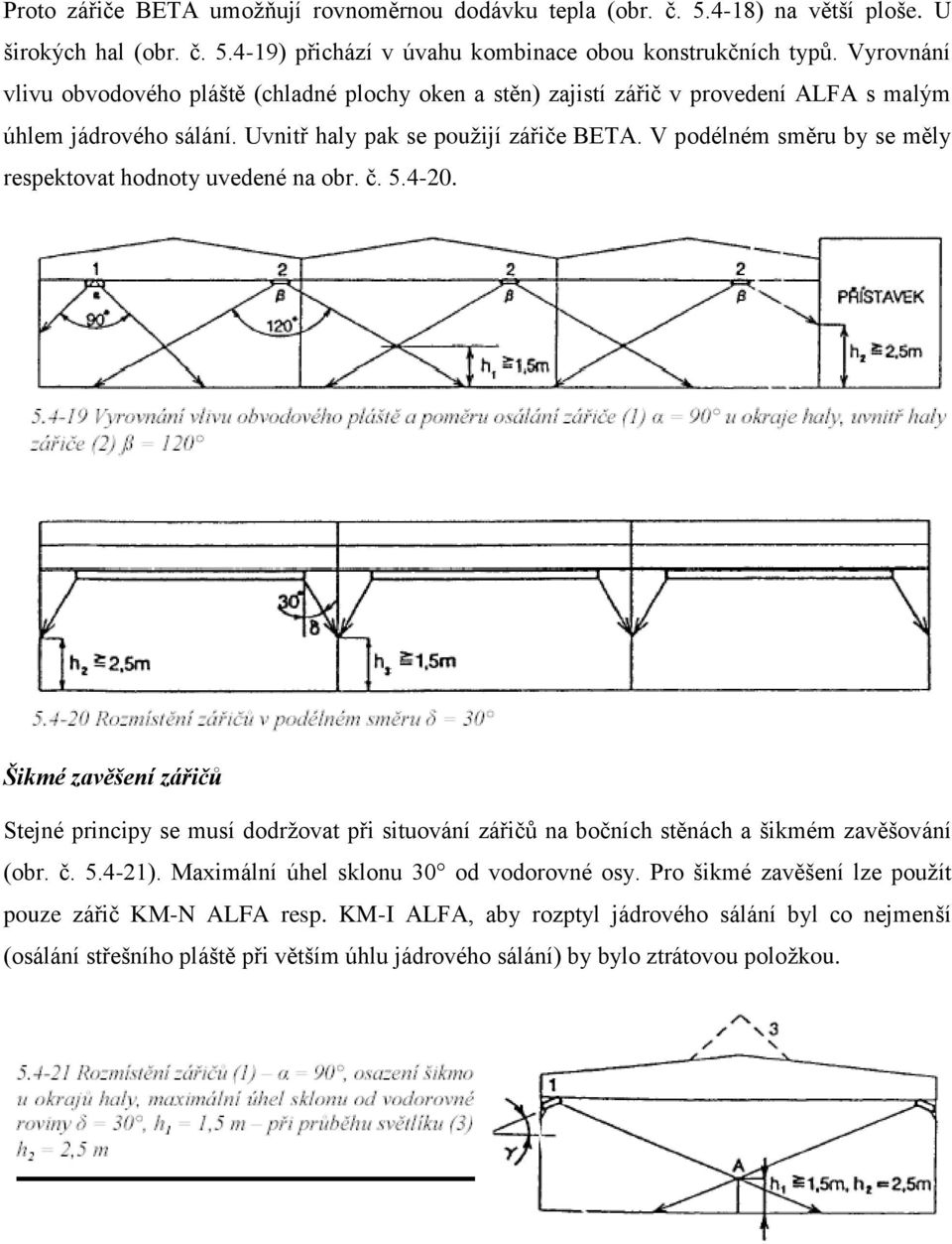 V podélném směru by se měly respektovat hodnoty uvedené na obr. č. 5.4-20. Šikmé zavěšení zářičů Stejné principy se musí dodržovat při situování zářičů na bočních stěnách a šikmém zavěšování (obr.