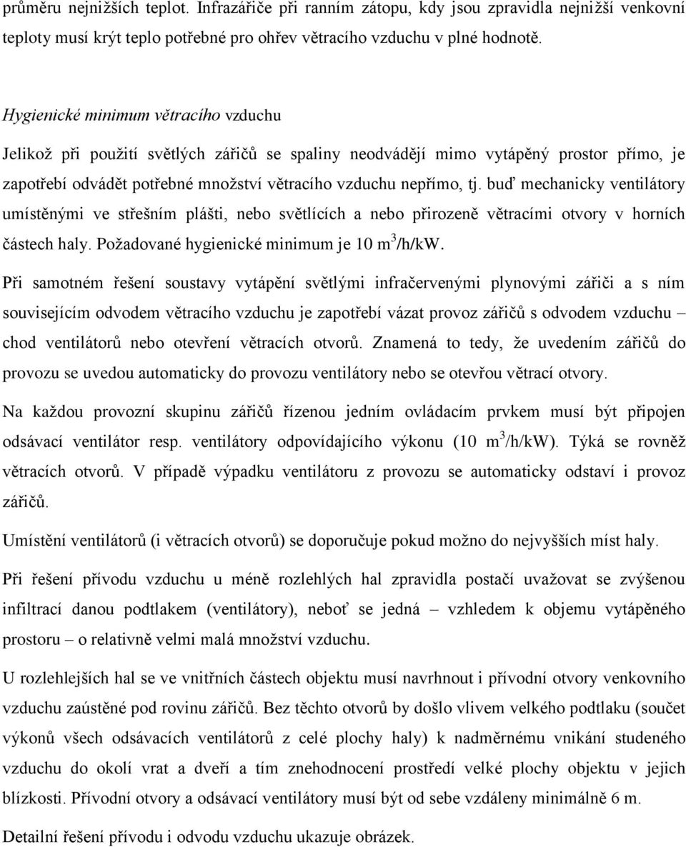 buď mechanicky ventilátory umístěnými ve střešním plášti, nebo světlících a nebo přirozeně větracími otvory v horních částech haly. Požadované hygienické minimum je 10 m 3 /h/kw.