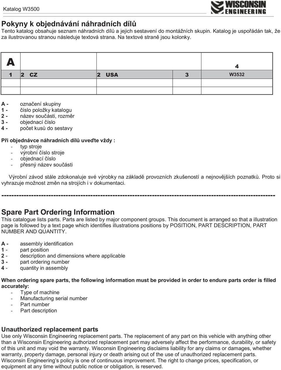 A 4 1 2 CZ 2 USA 3 W3532 A - oznaèení skupiny 1 - èíslo položky katalogu 2 - název souèásti, rozmìr 3 - objednací èíslo 4 - poèet kusù do sestavy Pøi objednávce náhradních dílù uveïte vždy : - typ
