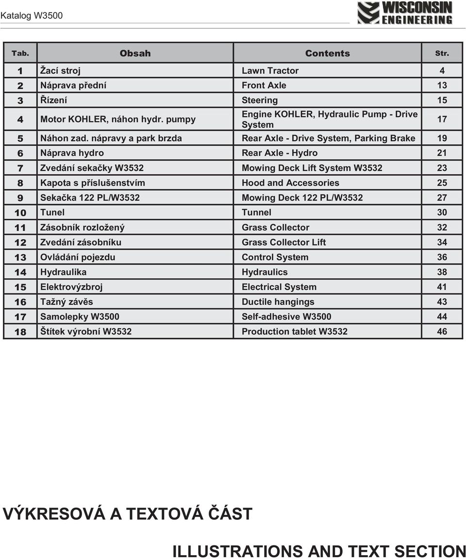 Accessories 25 9 Sekaèka 122 PL/W3532 Mowing Deck 122 PL/W3532 27 10 Tunel Tunnel 30 11 Zásobník rozložený Grass Collector 32 12 Zvedání zásobníku Grass Collector Lift 34 13 Ovládání pojezdu Control