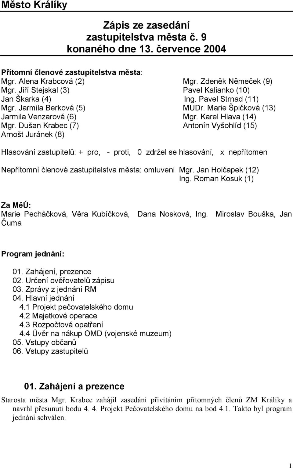 Dušan Krabec (7) Antonín Vyšohlíd (15) Arnošt Juránek (8) Hlasování zastupitelů: + pro, - proti, 0 zdržel se hlasování, x nepřítomen Nepřítomní členové zastupitelstva města: omluveni Mgr.