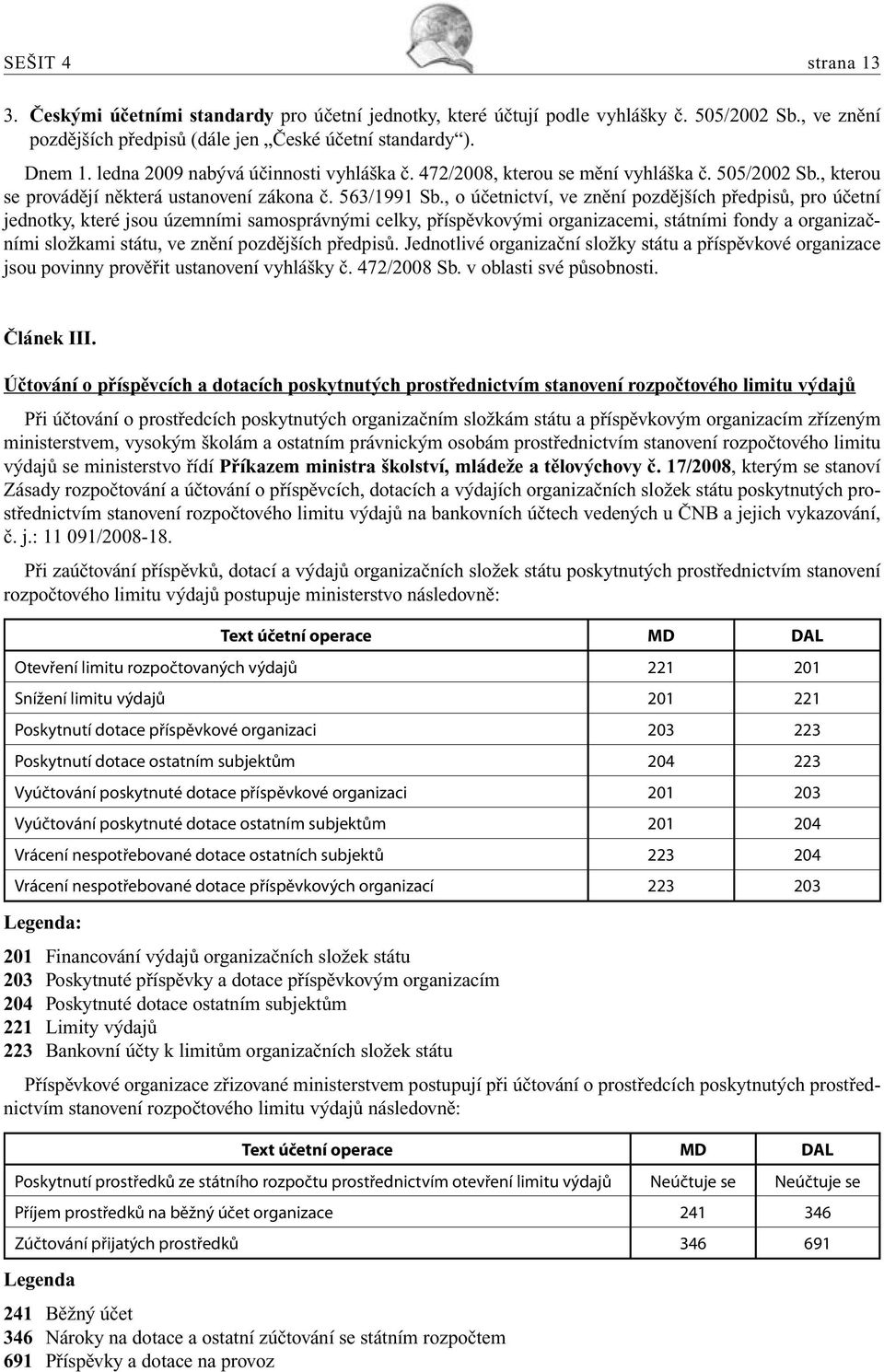 , o účetnictví, ve znění pozdějších předpisů, pro účetní jednotky, které jsou územními samosprávnými celky, příspěvkovými organizacemi, státními fondy a organizačními složkami státu, ve znění