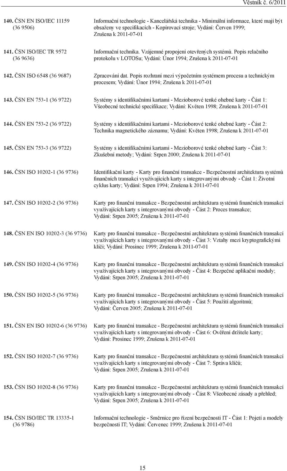 ČSN ISO 6548 (36 9687) Zpracování dat. Popis rozhraní mezi výpočetním systémem procesu a technickým procesem; Vydání: Únor 1994; Zrušena k 20-01 143.