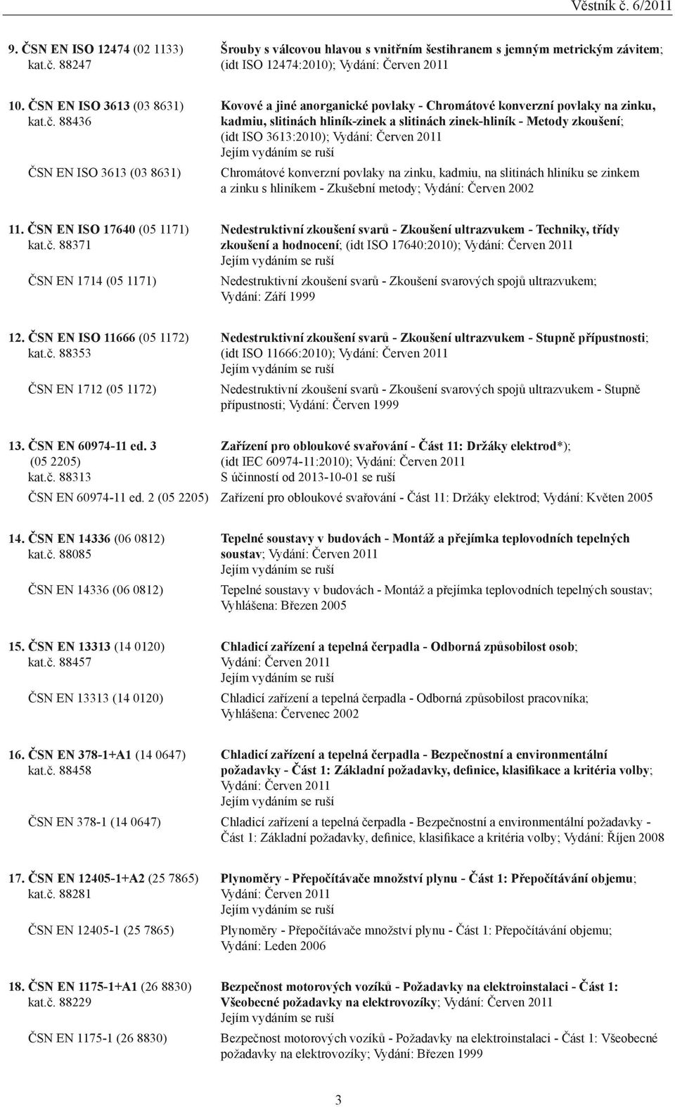 88436 ČSN EN ISO 3613 (03 8631) Kovové a jiné anorganické povlaky - Chromátové konverzní povlaky na zinku, kadmiu, slitinách hliník-zinek a slitinách zinek-hliník - Metody zkoušení; (idt ISO