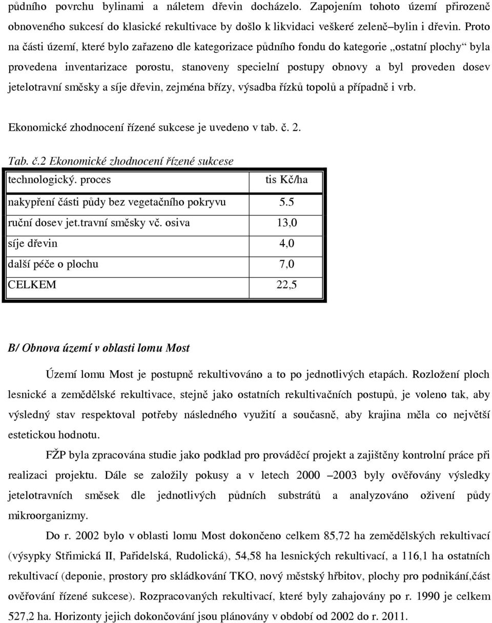 jetelotravní směsky a síje dřevin, zejména břízy, výsadba řízků topolů a případně i vrb. Ekonomické zhodnocení řízené sukcese je uvedeno v tab. č. 2. Tab. č.2 Ekonomické zhodnocení řízené sukcese technologický.