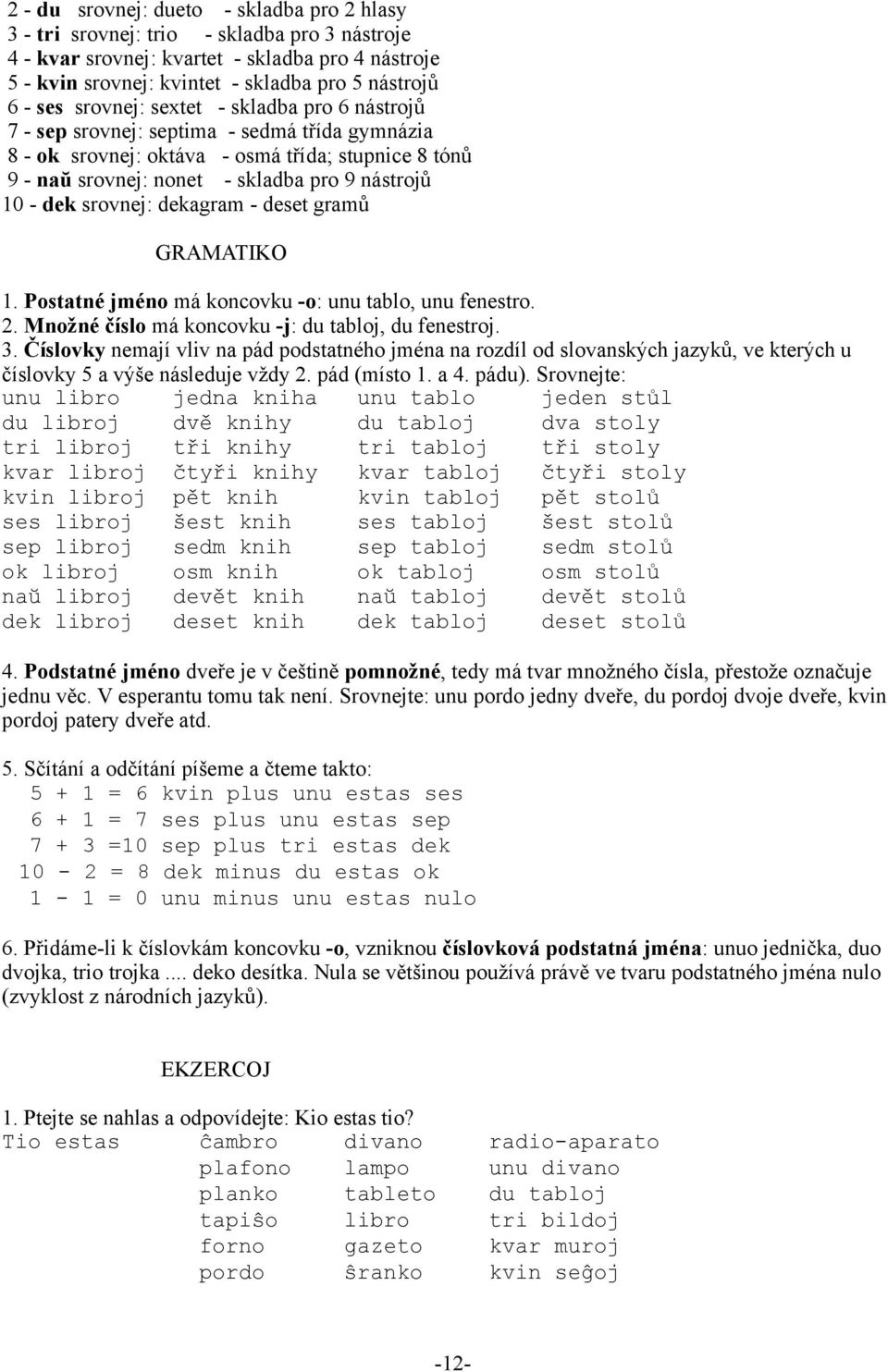 dek srovnej: dekagram - deset gramů GRAMATIKO 1. Postatné jméno má koncovku -o: unu tablo, unu fenestro. 2. Množné číslo má koncovku -j: du tabloj, du fenestroj. 3.