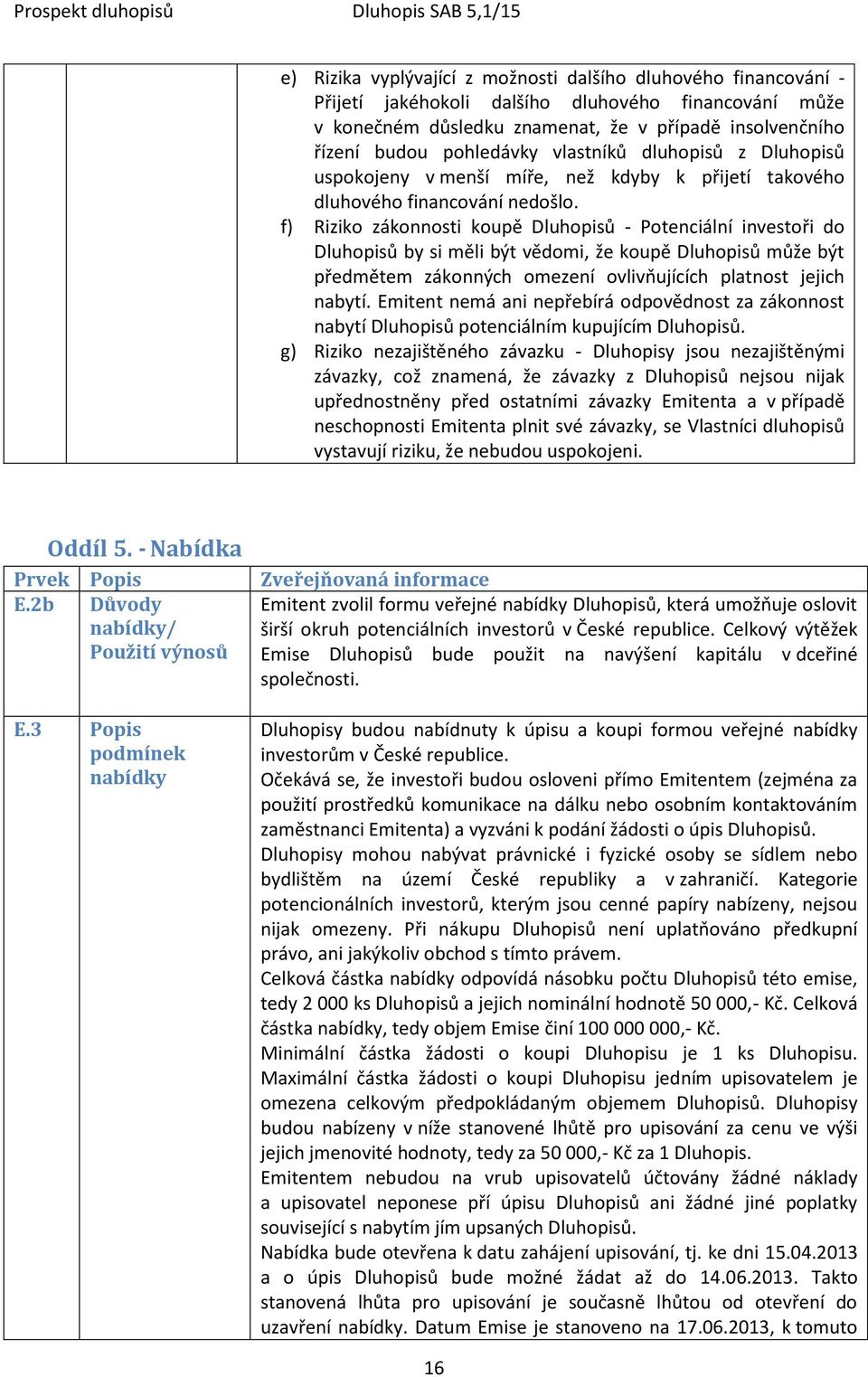 f) Riziko zákonnosti koupě Dluhopisů - Potenciální investoři do Dluhopisů by si měli být vědomi, že koupě Dluhopisů může být předmětem zákonných omezení ovlivňujících platnost jejich nabytí.