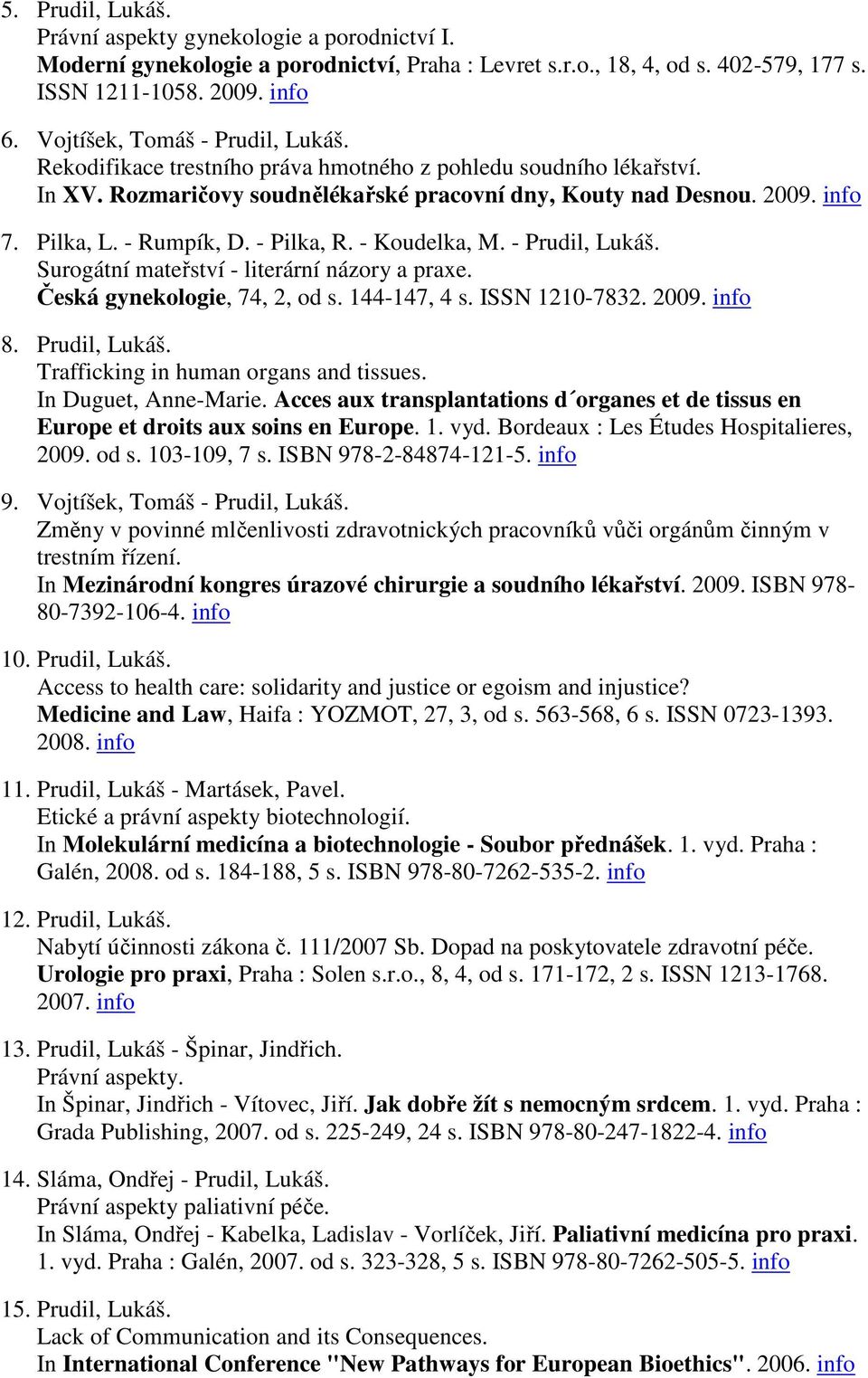 - Rumpík, D. - Pilka, R. - Koudelka, M. - Prudil, Lukáš. Surogátní mateřství - literární názory a praxe. Česká gynekologie, 74, 2, od s. 144-147, 4 s. ISSN 1210-7832. 2009. info 8. Prudil, Lukáš. Trafficking in human organs and tissues.