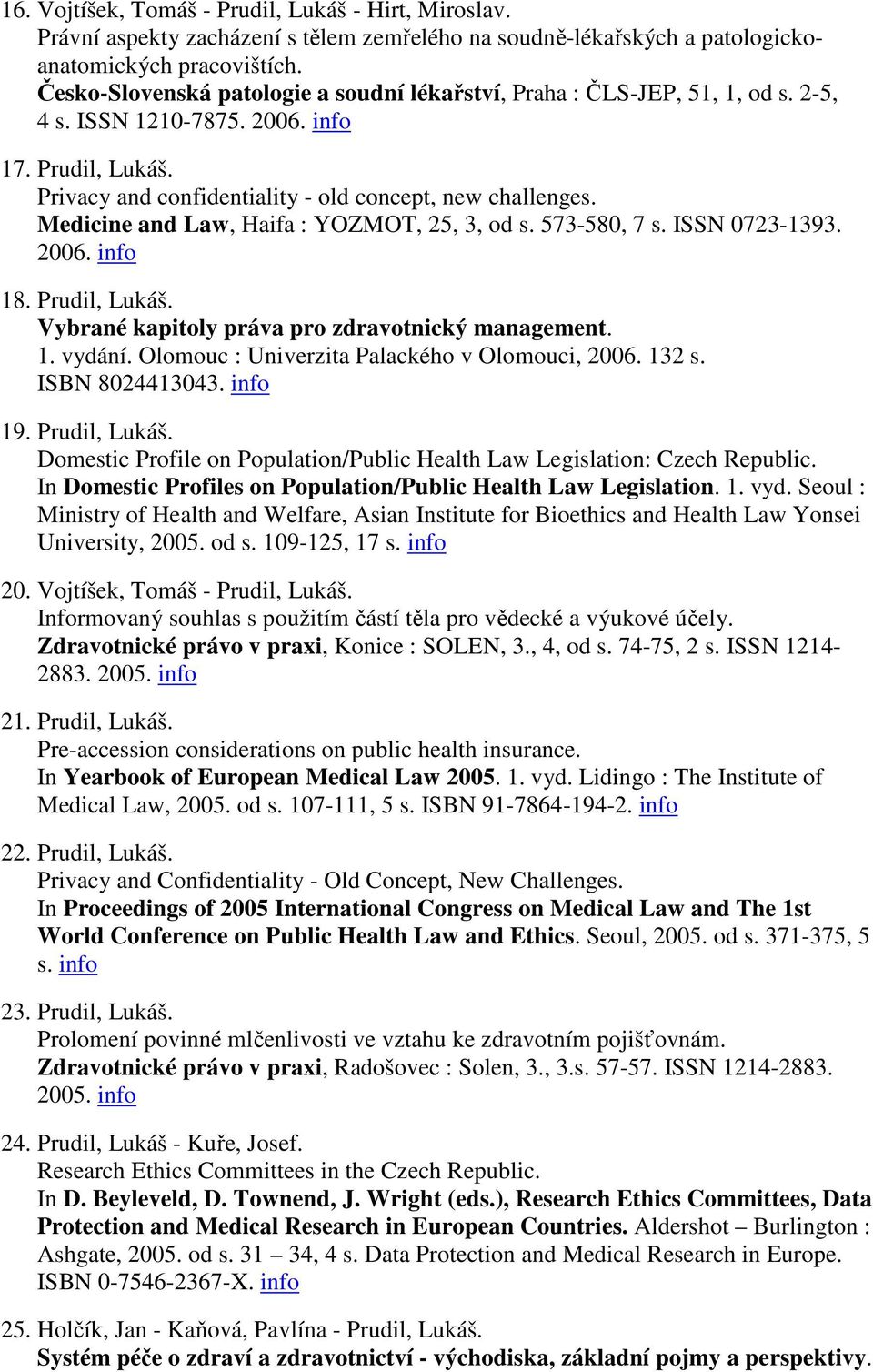 Medicine and Law, Haifa : YOZMOT, 25, 3, od s. 573-580, 7 s. ISSN 0723-1393. 2006. info 18. Prudil, Lukáš. Vybrané kapitoly práva pro zdravotnický management. 1. vydání.