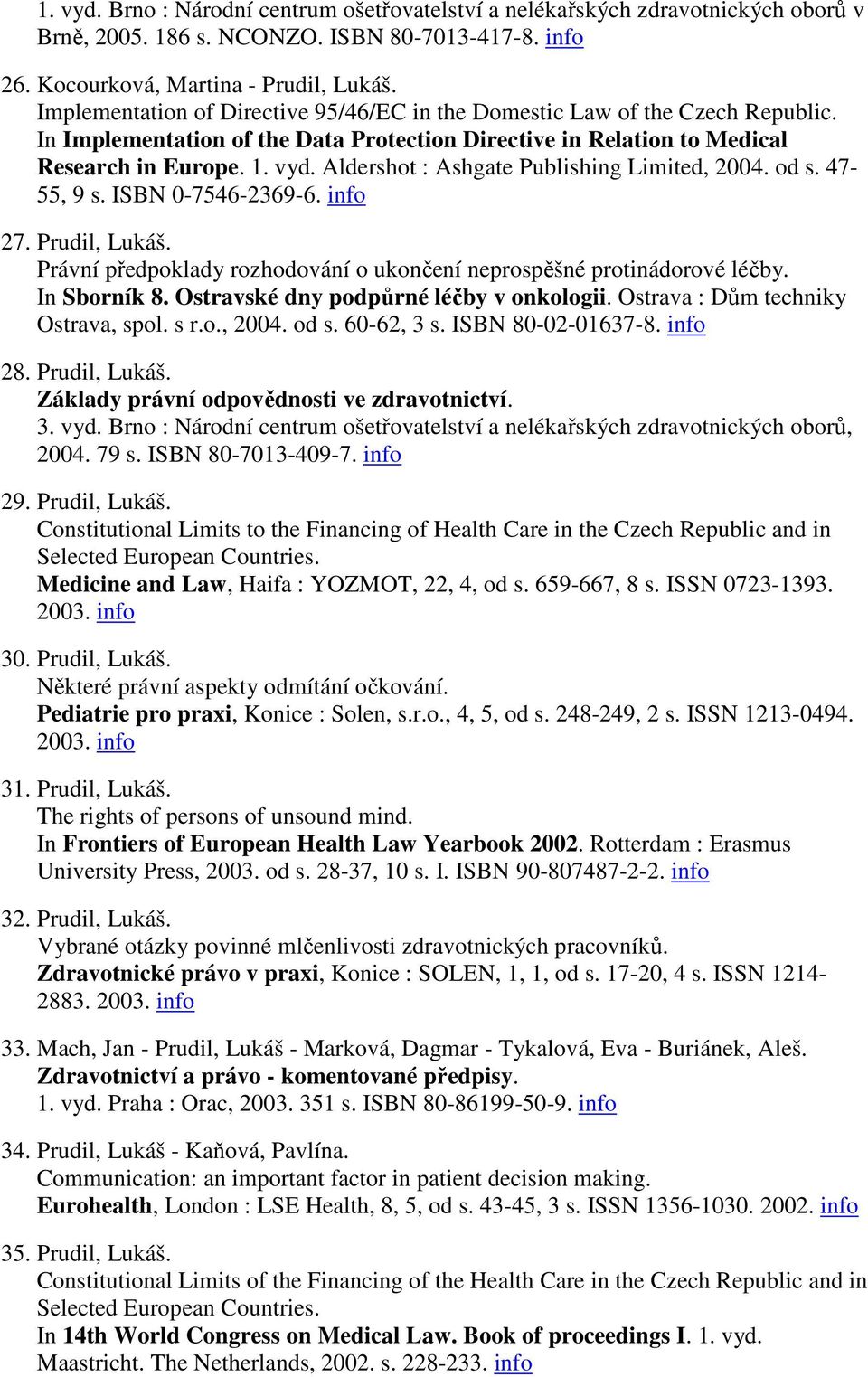 Aldershot : Ashgate Publishing Limited, 2004. od s. 47-55, 9 s. ISBN 0-7546-2369-6. info 27. Prudil, Lukáš. Právní předpoklady rozhodování o ukončení neprospěšné protinádorové léčby. In Sborník 8.