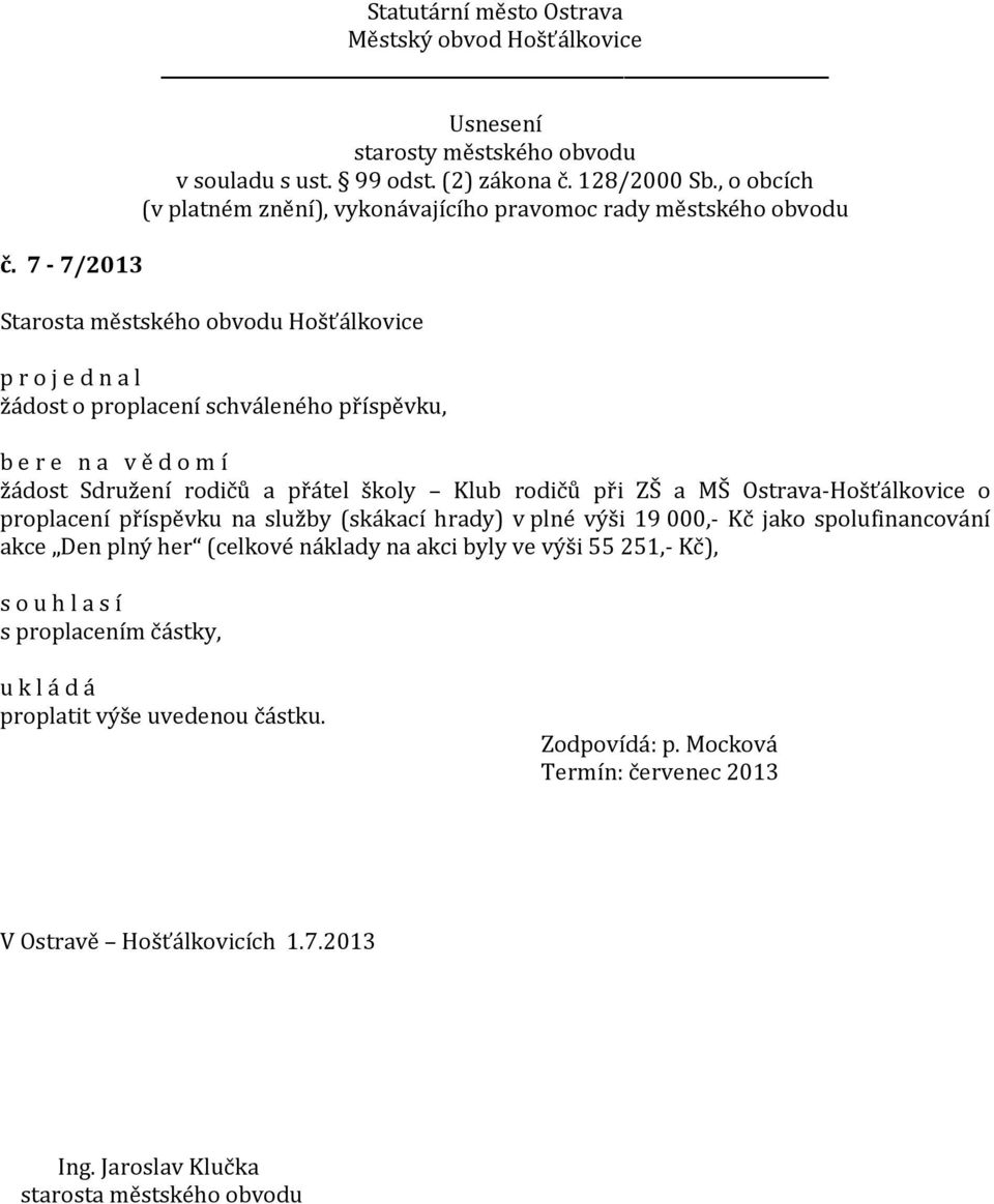 000,- Kč jako spolufinancování akce Den plný her (celkové náklady na akci byly ve výši 55 251,- Kč), s proplacením