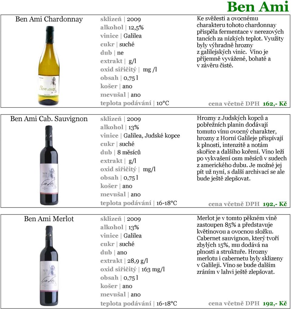 teplota podávání 16-18 C Ben Ami Ke svěžesti a ovocnému charakteru tohoto chardonnay přispěla fermentace v nerezových tancích za nízkých teplot. Využity byly výhradně hrozny z galilejských vinic.