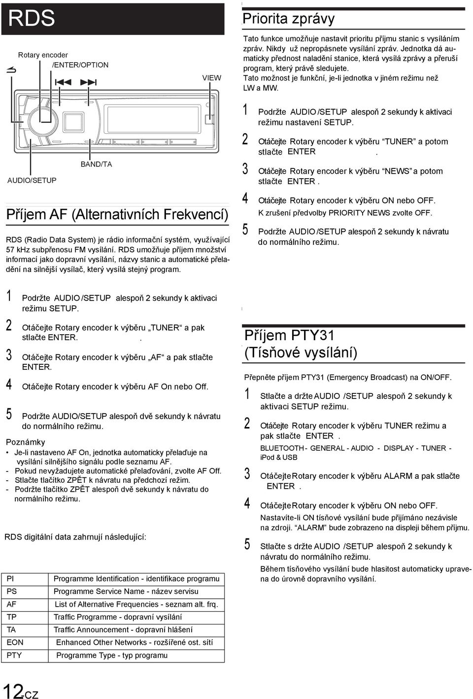 AUDIO/SETUP BAND/TA Příjem AF (Alternativních Frekvencí) RDS (Radio Data System) je rádio informační systém, využívající 57 khz subpřenosu FM vysílání.