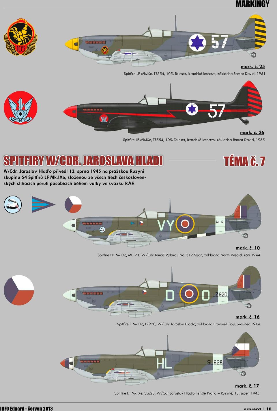 IXe, složenou ze všech třech československých stíhacích perutí působících během války ve svazku RAF. TÉMA č. 7 mark. č. 10 Spitfire HF Mk.IXc, ML171, W/Cdr Tomáš Vybíral, No.