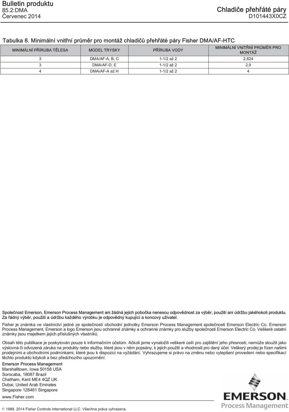 DMA/AF-D, E 1-1/2 až 2 2,9 4 DMA/AF-A až H 1-1/2 až 2 4 Společnost Emerson, Emerson Process Management ani žádná jejich pobočka nenesou odpovědnost za výběr, použití ani údržbu jakéhokoli produktu.