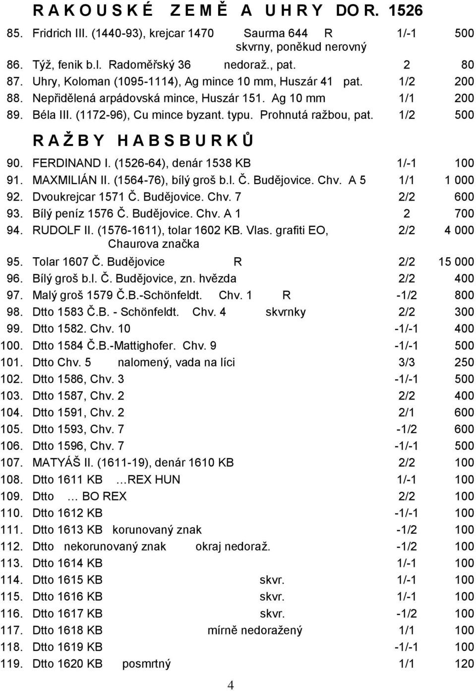 1/2 500 R A Ž B Y H A B S B U R K Ů 90. FERDINAND I. (1526-64), denár 1538 KB 1/-1 100 91. MAXMILIÁN II. (1564-76), bílý groš b.l. Č. Budějovice. Chv. A 5 1/1 1 000 92. Dvoukrejcar 1571 Č. Budějovice. Chv. 7 2/2 600 93.