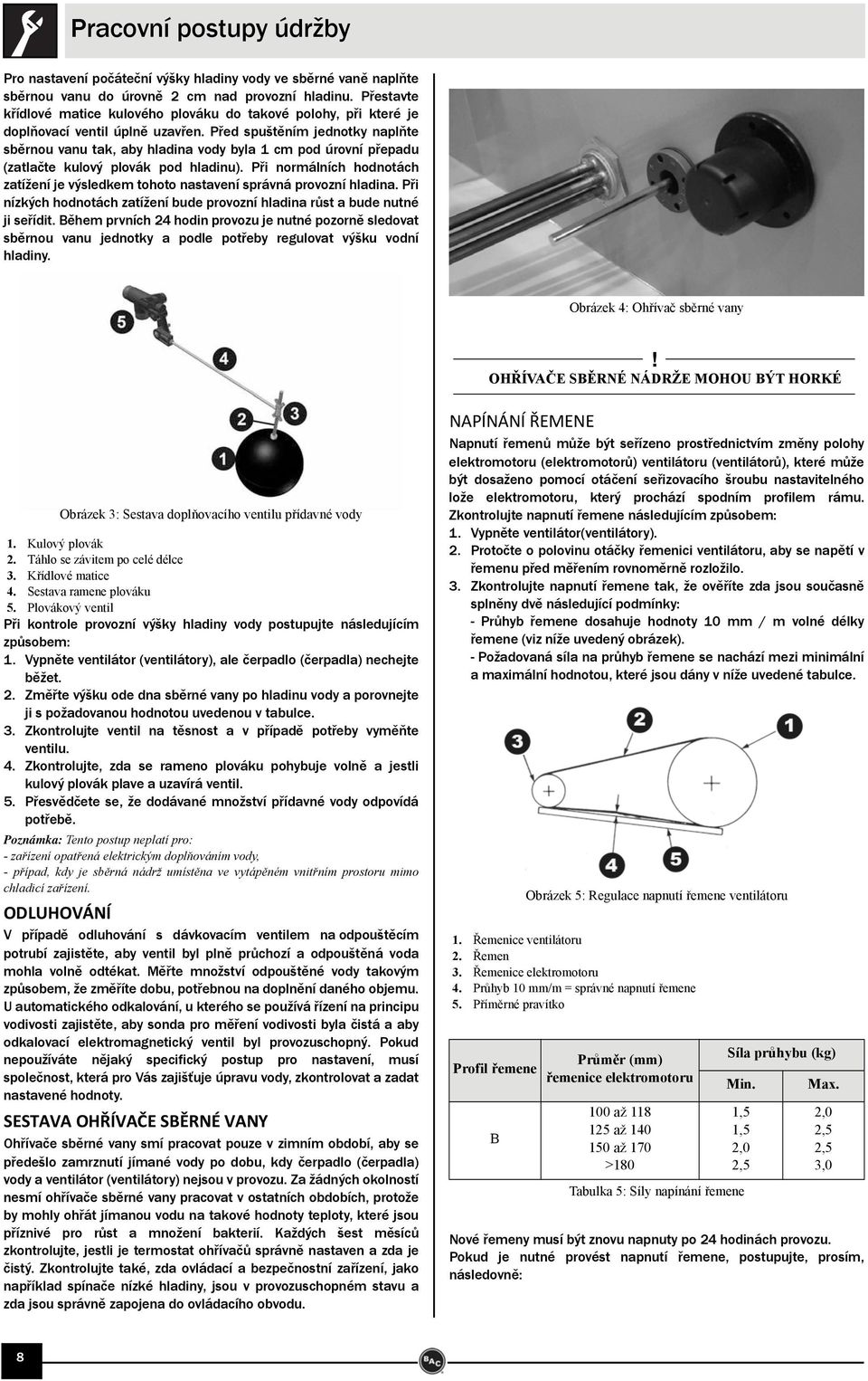 Před spuštěním jednotky naplňte sběrnou vanu tak, aby hladina vody byla 1 cm pod úrovní přepadu (zatlačte kulový plovák pod hladinu).