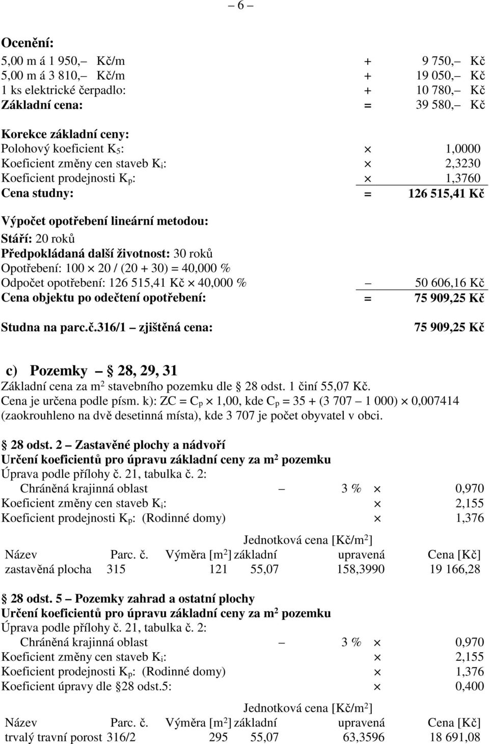 roků Opotřebení: 100 20 / (20 + 30) = 40,000 % Odpočet opotřebení: 126 515,41 Kč 40,000 % 50 606,16 Kč Cena objektu po odečtení opotřebení: = 75 909,25 Kč Studna na parc.č.316/1 zjištěná cena: 75 909,25 Kč c) Pozemky 28, 29, 31 Základní cena za m 2 stavebního pozemku dle 28 odst.