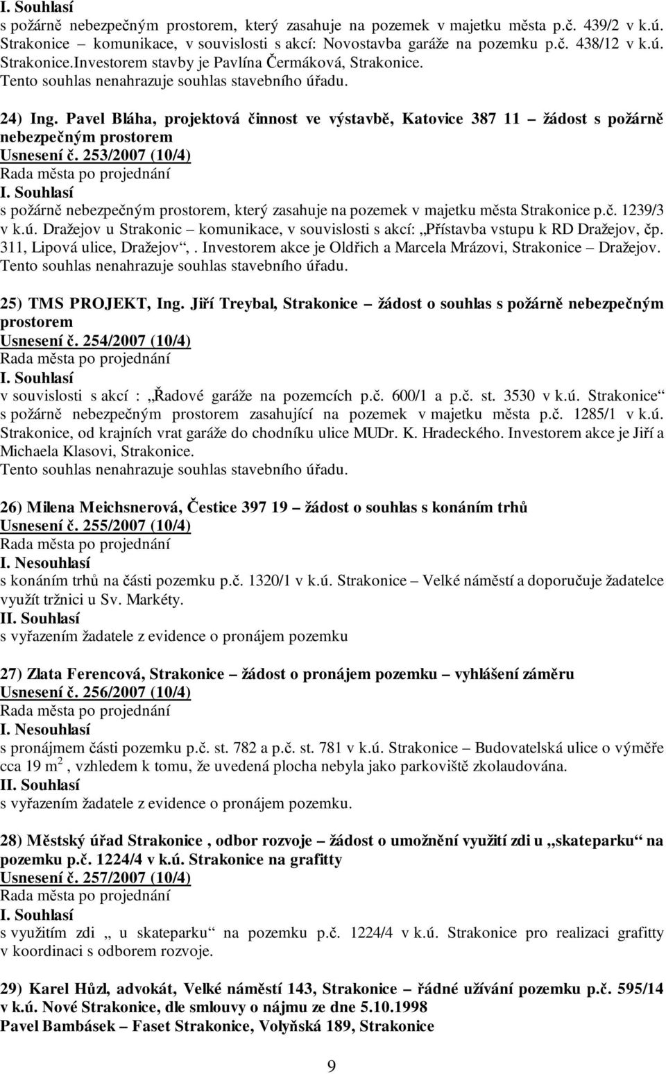 253/2007 (10/4) s požárně nebezpečným prostorem, který zasahuje na pozemek v majetku města Strakonice p.č. 1239/3 v k.ú.